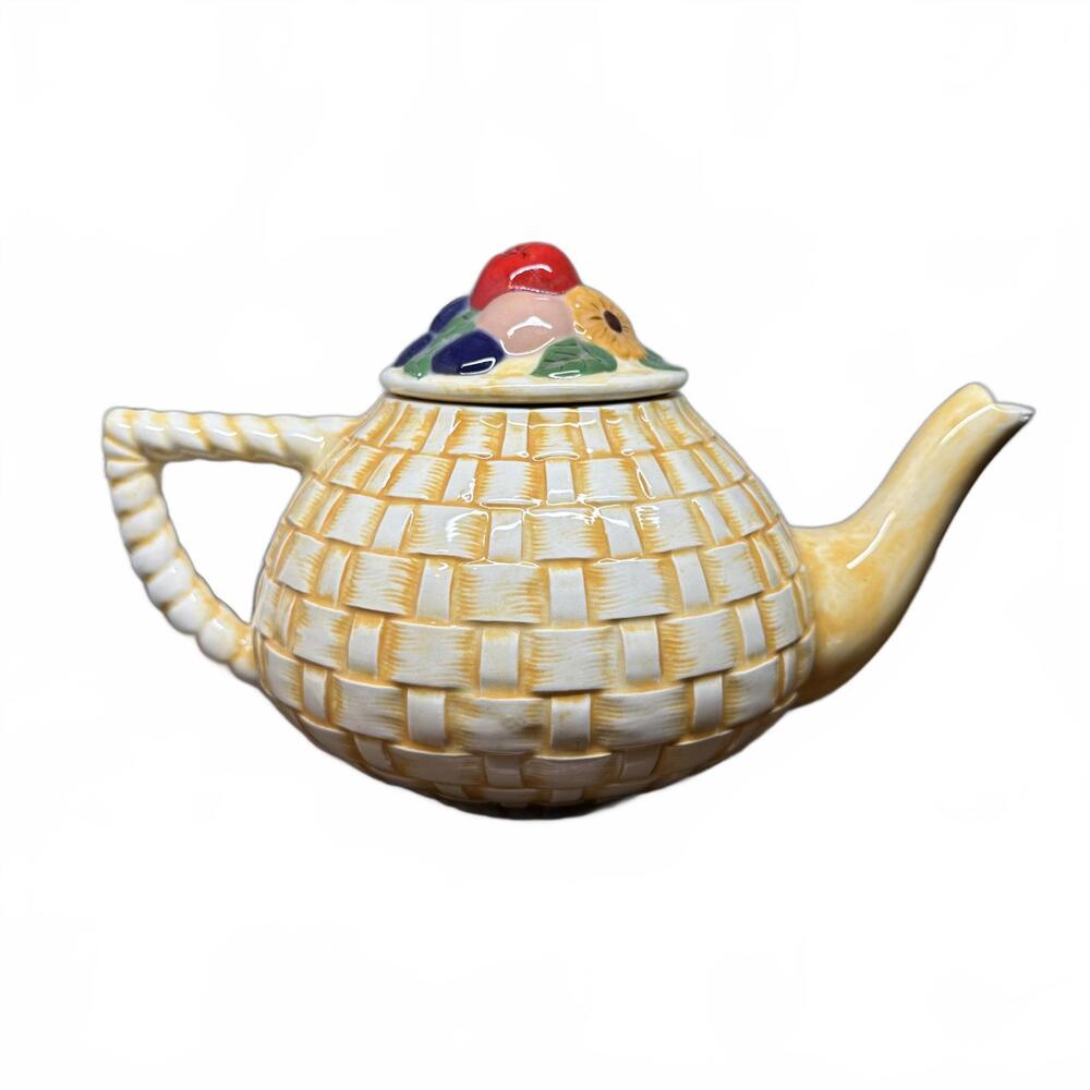 Vintage 1970’s Basket Weave Ceramic Teapot Pottery - Signed SJ - Cottagecore